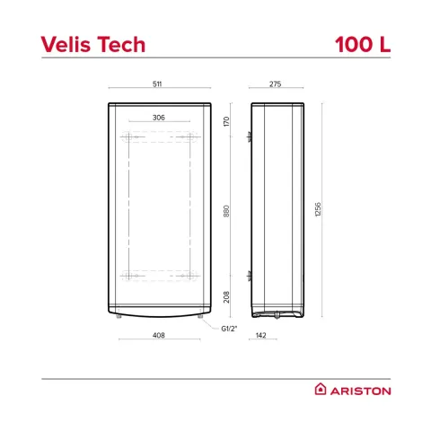 Бойлер Ariston VELIS TECH 100 EU плоский с ускоренным нагревом, 100 л, 1,5 кВт