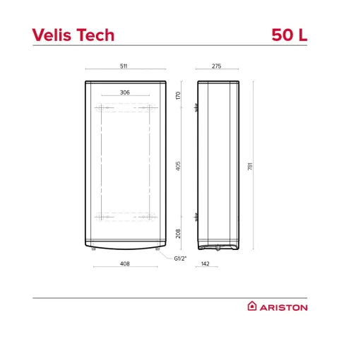 Бойлер Ariston VELIS TECH 50 EU плоский с ускоренным нагревом, 50 л, 1,5 кВт