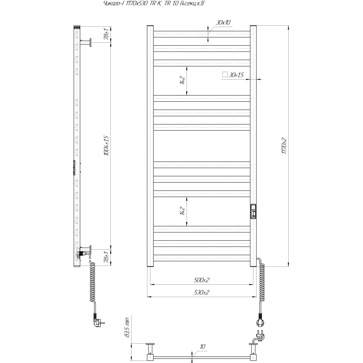 Полотенцесушитель электрический Mario INOX Чикаго-I 1170x530/80, 155 Вт, полированная сталь
