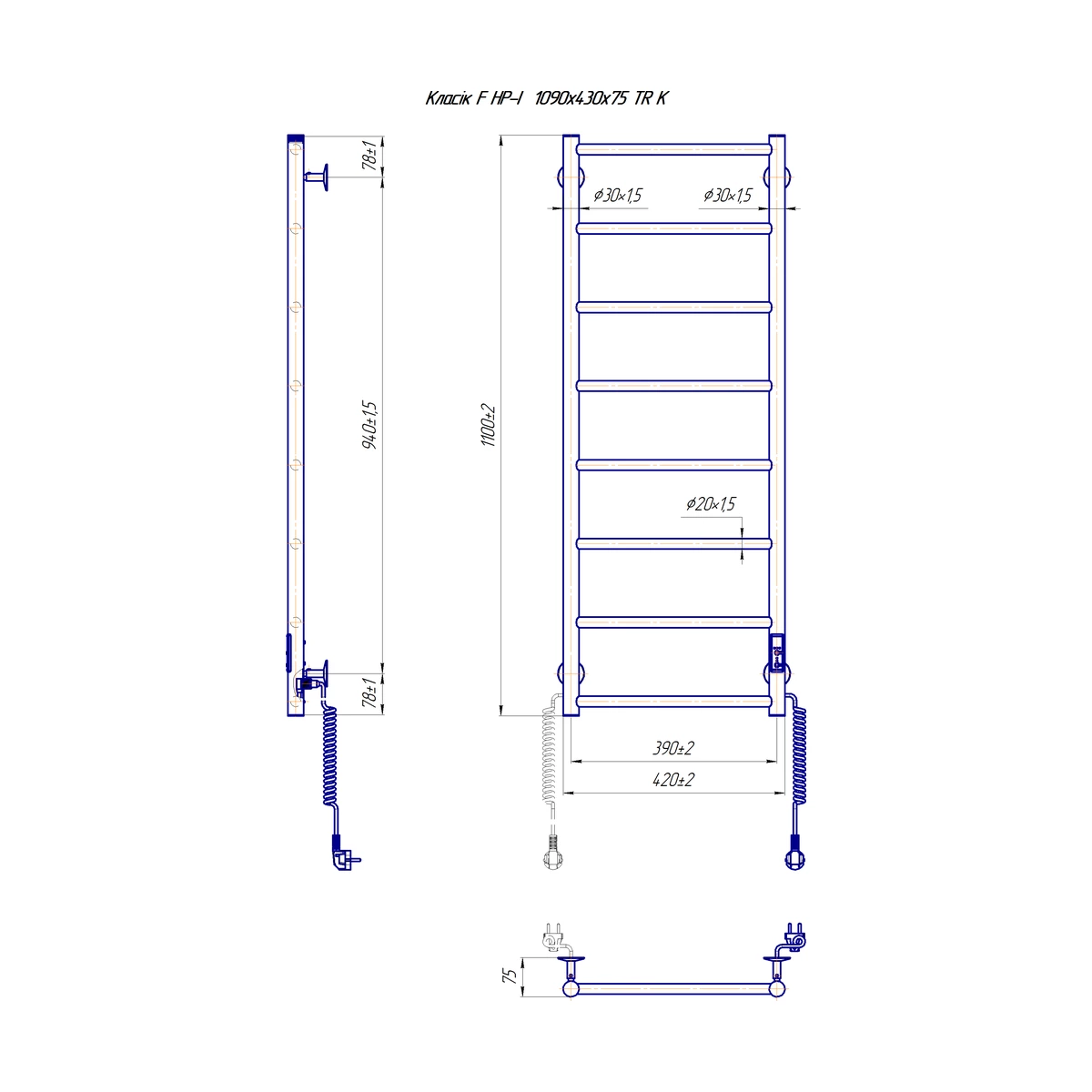 Полотенцесушитель электрический Mario INOX Класик F НР-I 1090x430/75, 95 Вт, полированная сталь