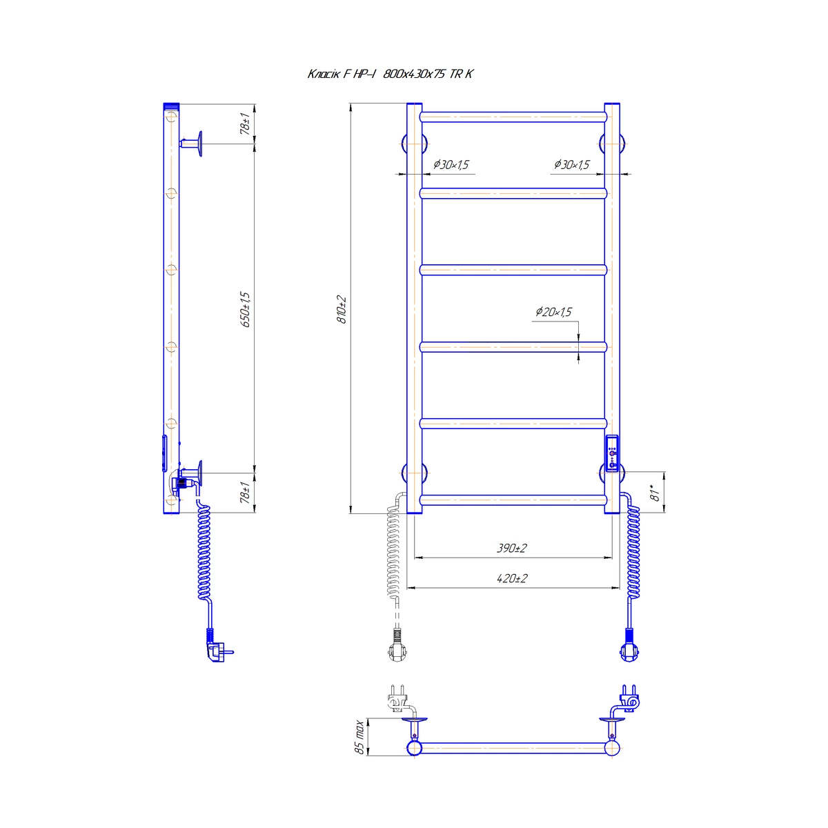 Полотенцесушитель электрический Mario INOX Класик F НР-I 800x430/75, 75 Вт, полированная сталь