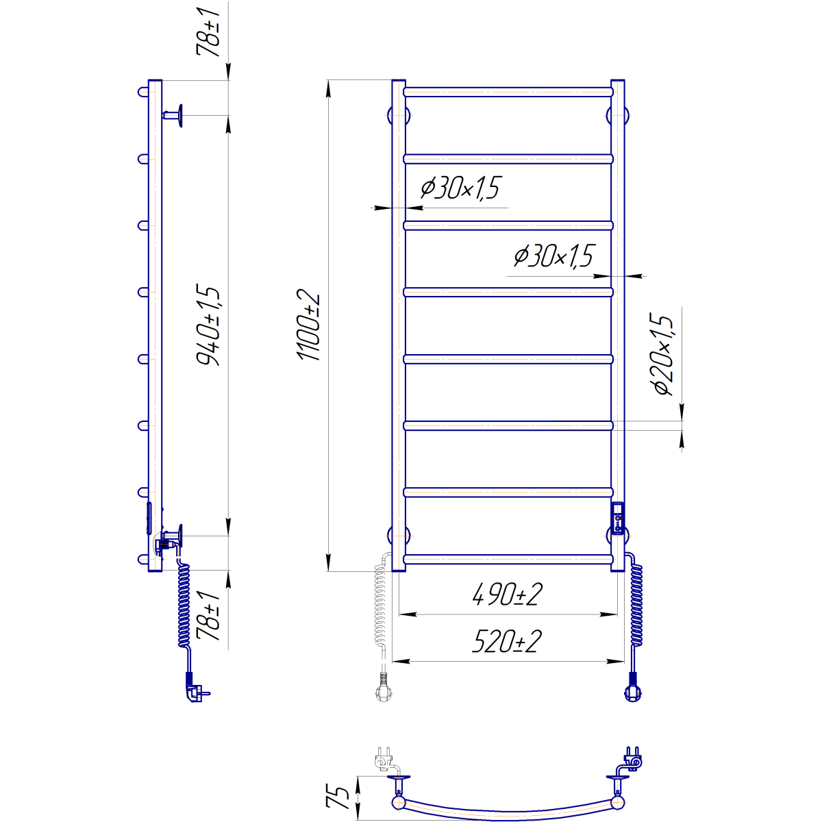 Полотенцесушитель электрический Mario INOX Класик НР-I 1090x530/85, 115 Вт, полированная сталь