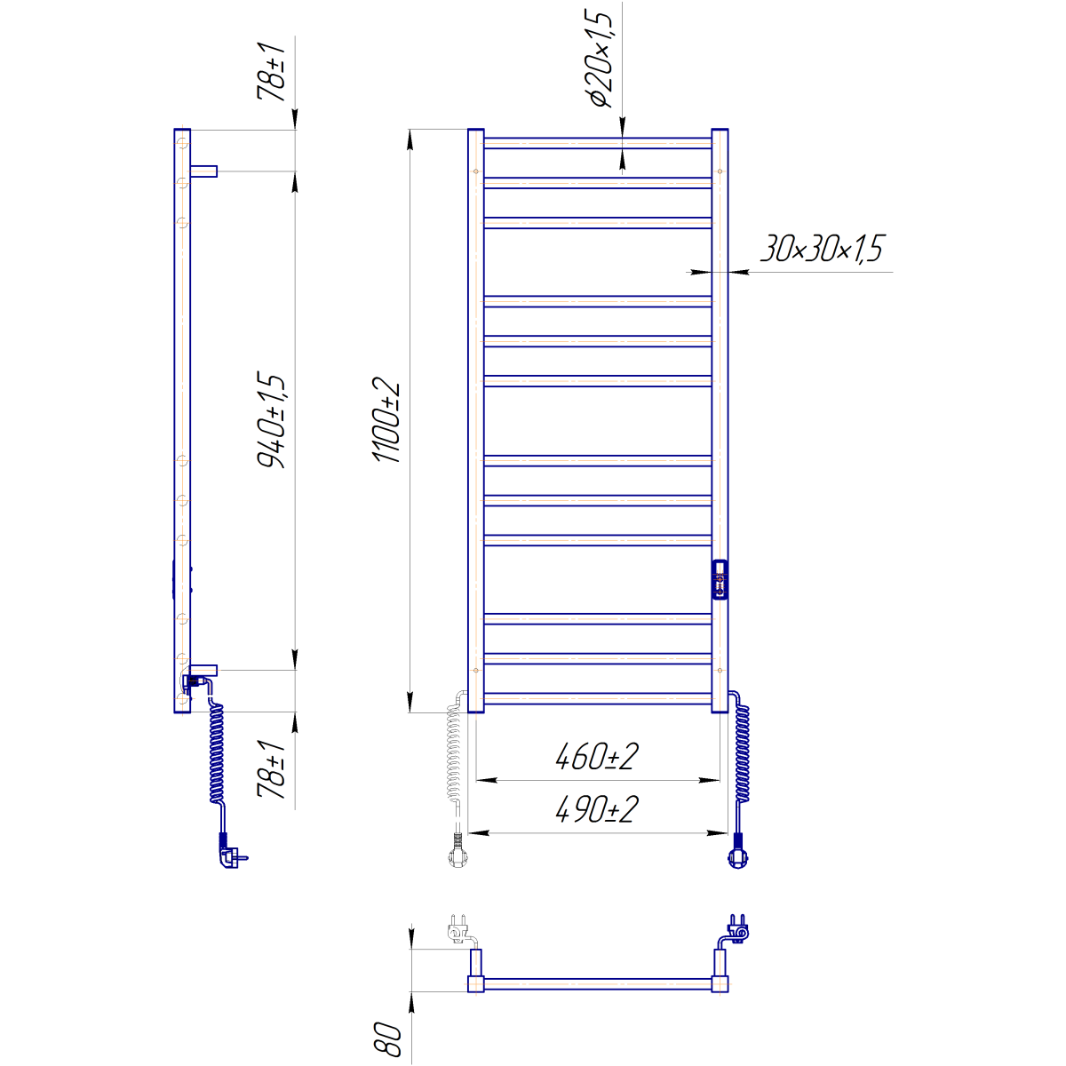 Полотенцесушитель электрический Mario INOX Премиум Класик-I 1100x500/80, 125 Вт, полированная сталь