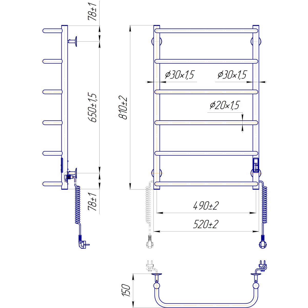 Полотенцесушитель электрический Mario INOX Стандарт НР-I 800x530/150, 105 Вт, полированная сталь