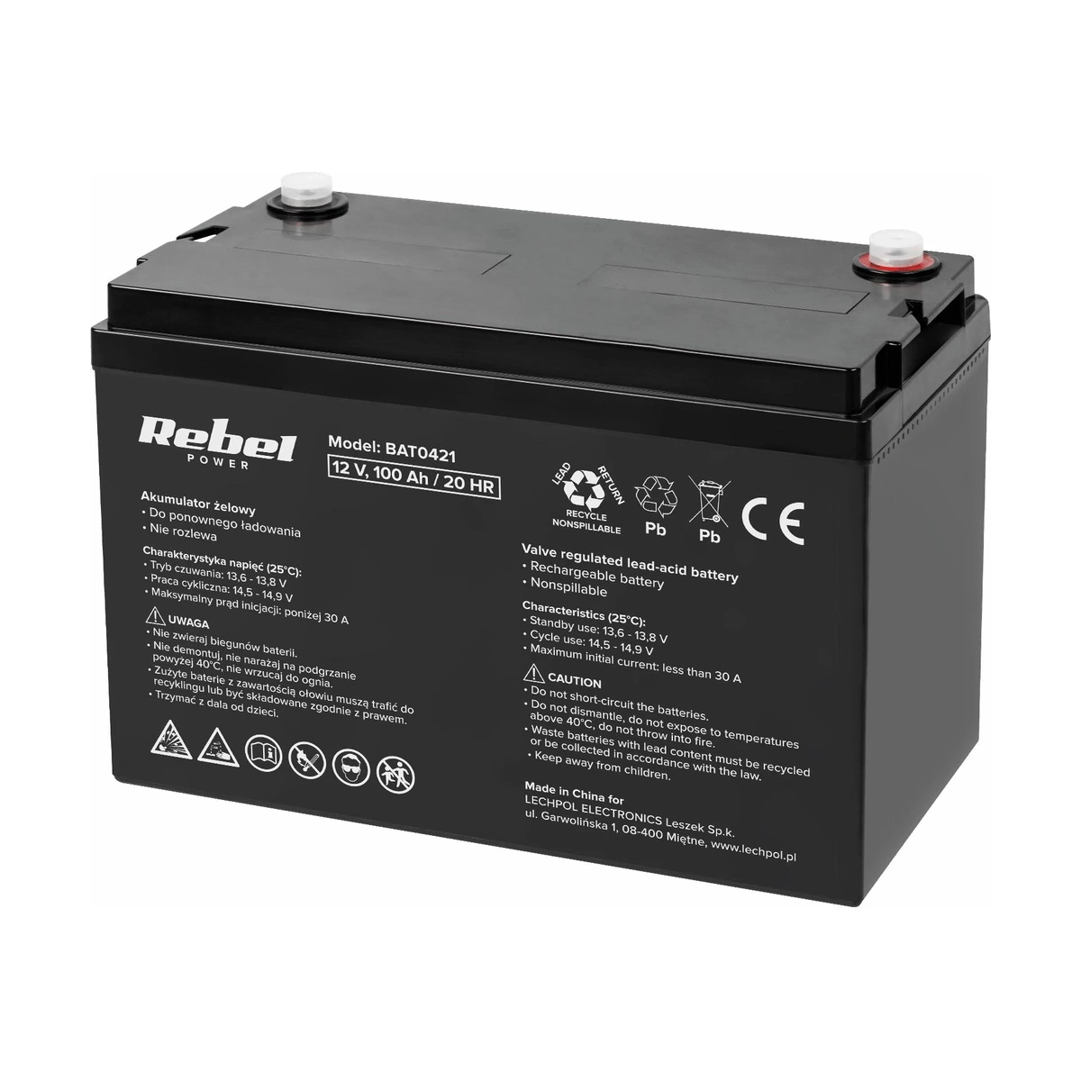 Аккумулятор гелевый Rebel BAT0421 12V 100Ah для ИБП, инвертора и котла