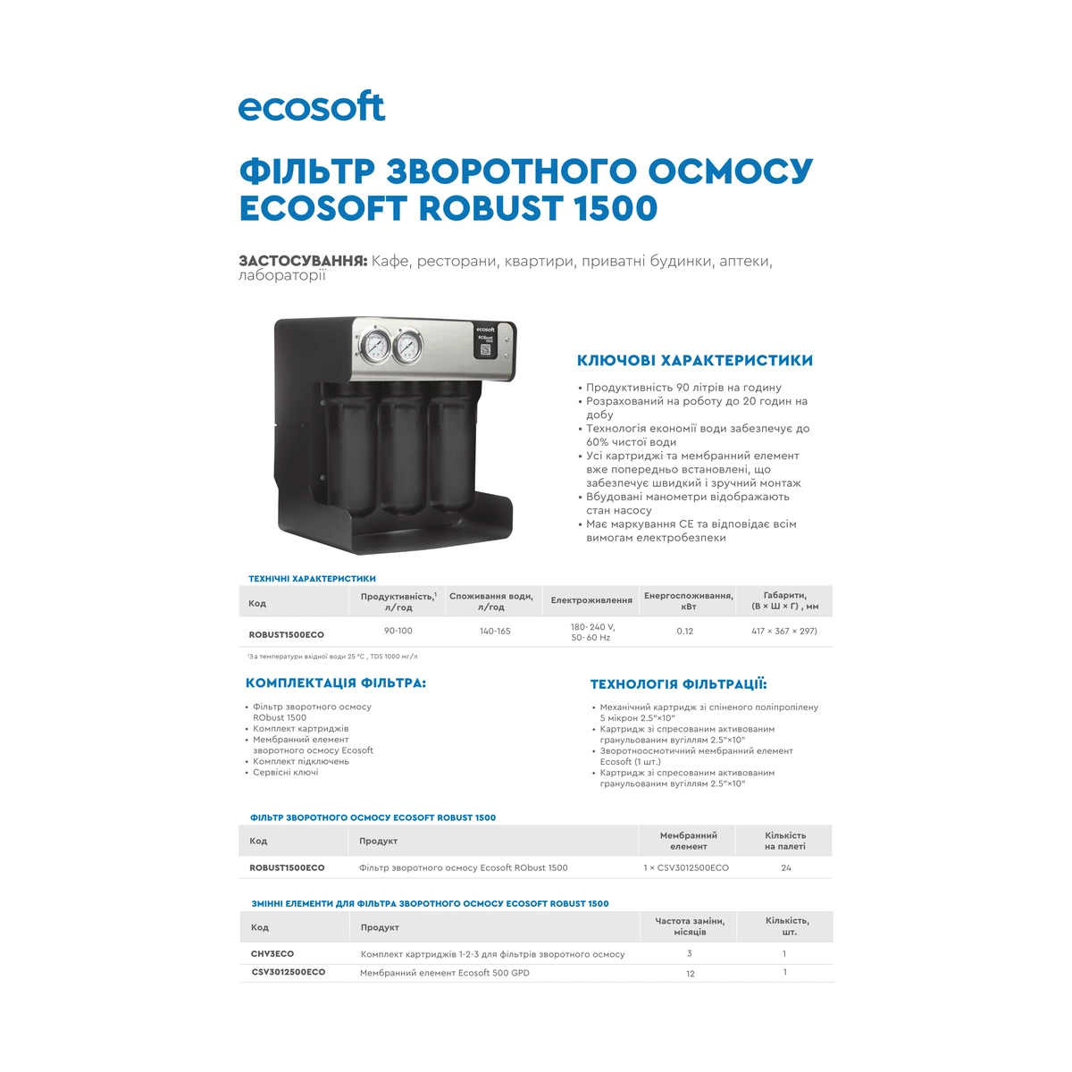 Коммерческий фильтр обратного осмоса Ecosoft RObust 1500ECO до 100 л/ч для кафе, гостиниц и ресторанов