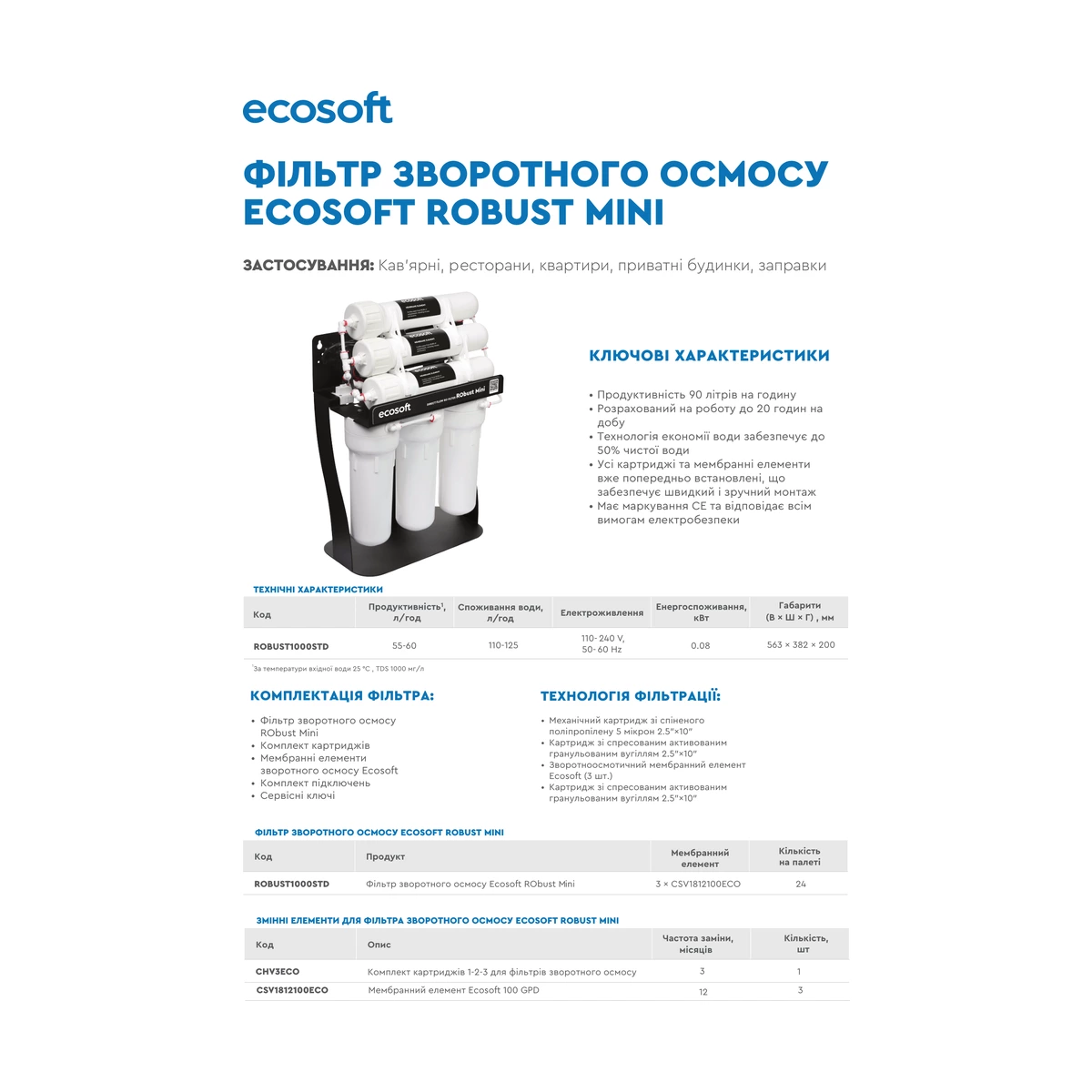 Коммерческий фильтр обратного осмоса Ecosoft RObust Mini до 60 л/ч, без бака, для кофейни и офиса