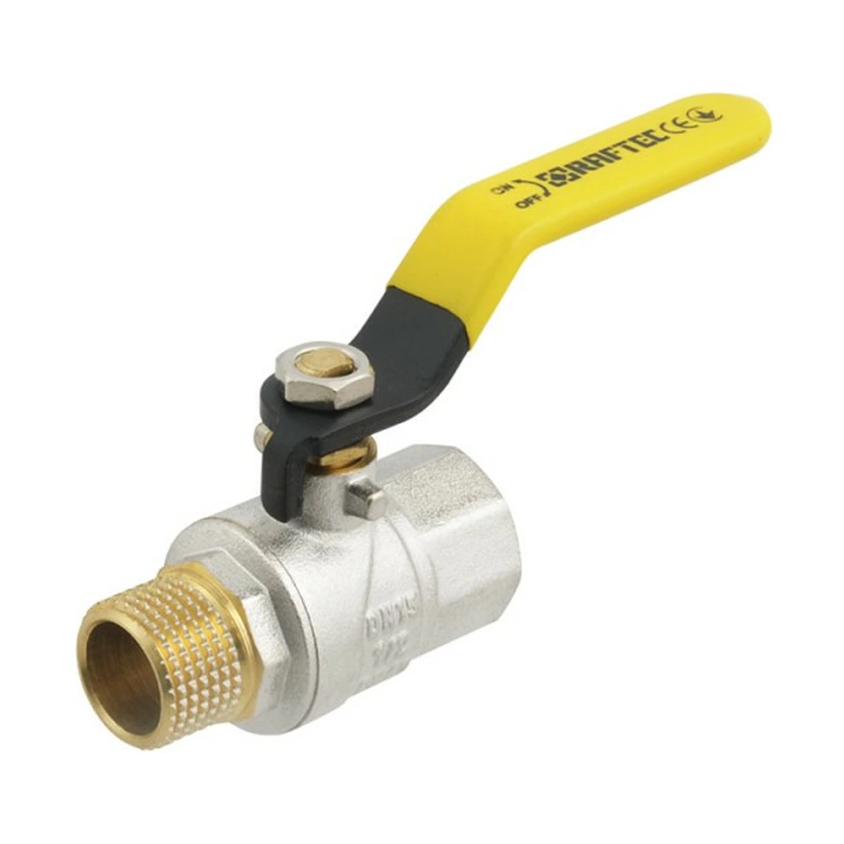 Кран кульовий газовий муфтовий 1/2" ВР-ЗР ручка Raftec YELLOW GRH11 DN15 PN40 латунь нікельована
