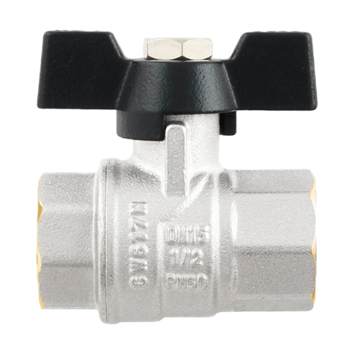 Кран шаровой муфтовый 1/2" ВР-ВР бабочка Raftec BLACK DRB1 DN15 PN50 латунь никелированная