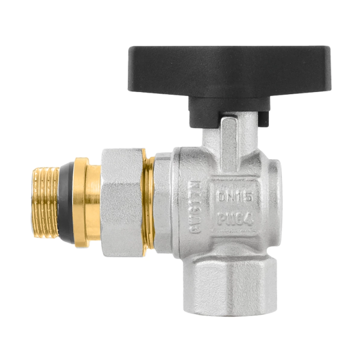 Кран кульовий з американкою кутовий 1/2" ВР-ЗР Raftec GOLD GRDA01 DN15 PN64 латунь нікельована