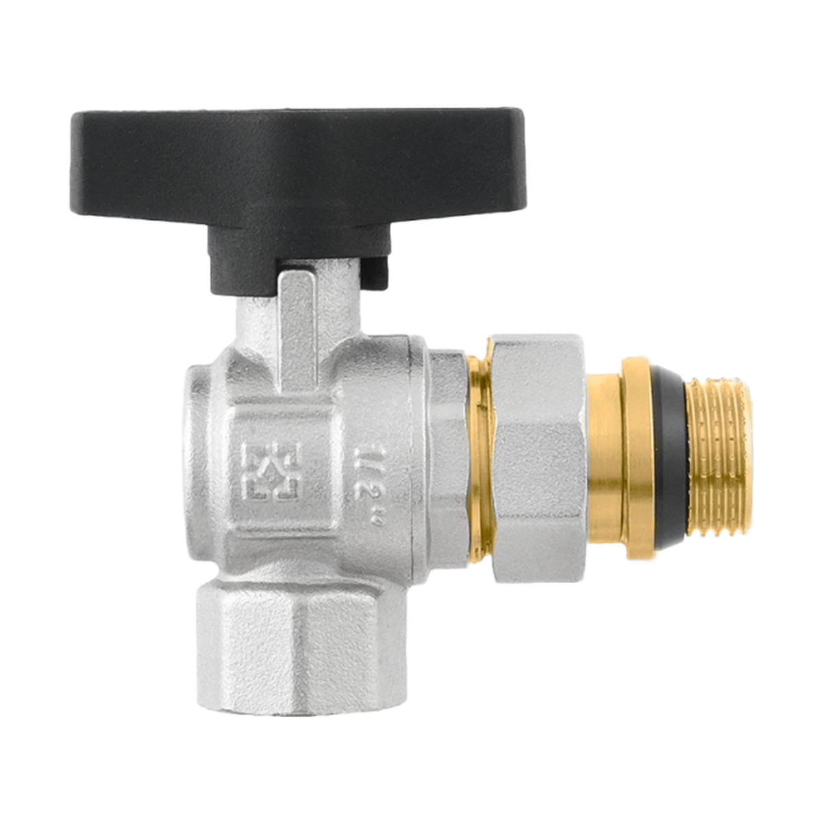 Кран кульовий з американкою кутовий 1/2" ВР-ЗР Raftec GOLD GRDA01 DN15 PN64 латунь нікельована