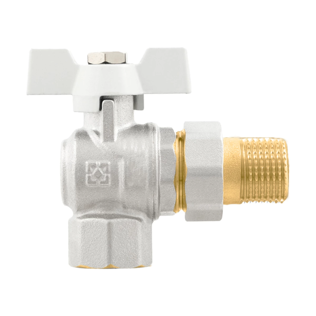 Кран кульовий з американкою кутовий 1/2" ВР-ЗР з антипротіканням Raftec WHITE WRBS-1 DN15 PN50 латунь нікельована