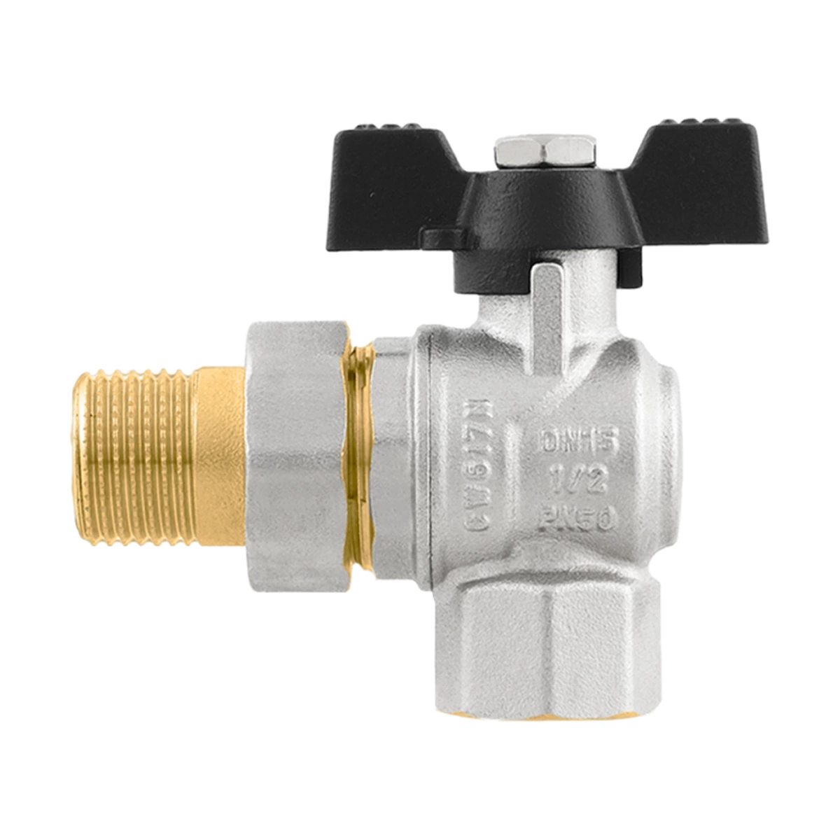 Кран кульовий з американкою кутовий 1" ВР-ЗР Raftec BLACK DRBS3-U DN25 PN40 латунь нікельована