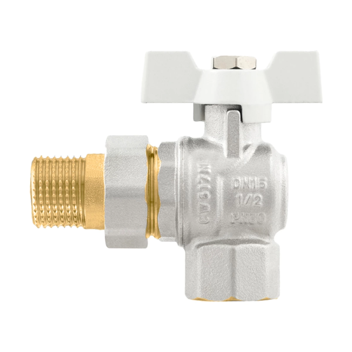 Кран кульовий з американкою кутовий 3/4" ВР-ЗР з антипротіканням Raftec WHITE WRBS-2 DN20 PN40 латунь нікельована