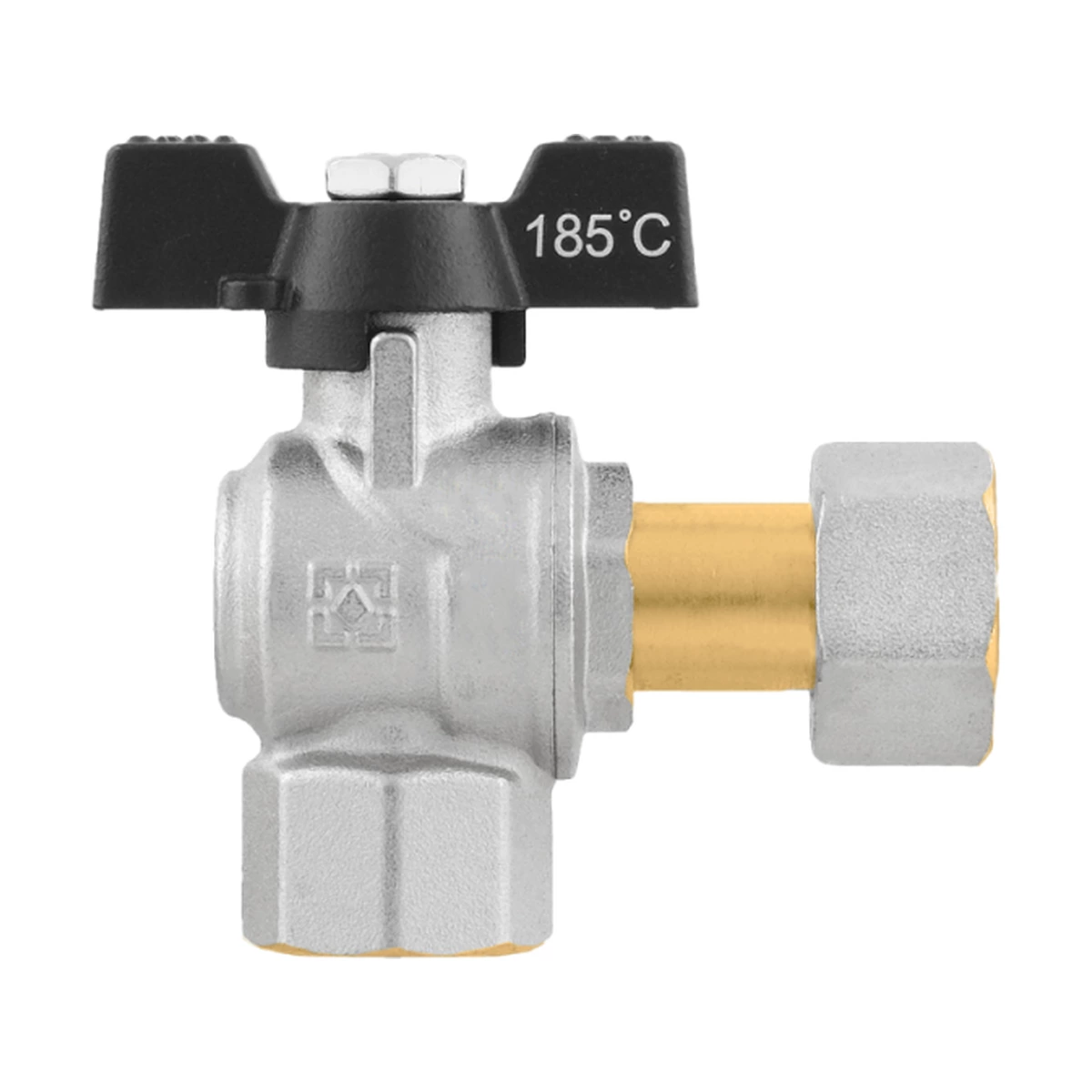 Кран шаровой с накидной гайкой угловой 1/2" ВР-ВР Raftec BLACK DRBZ1 DN15 PN50 латунь никелированная