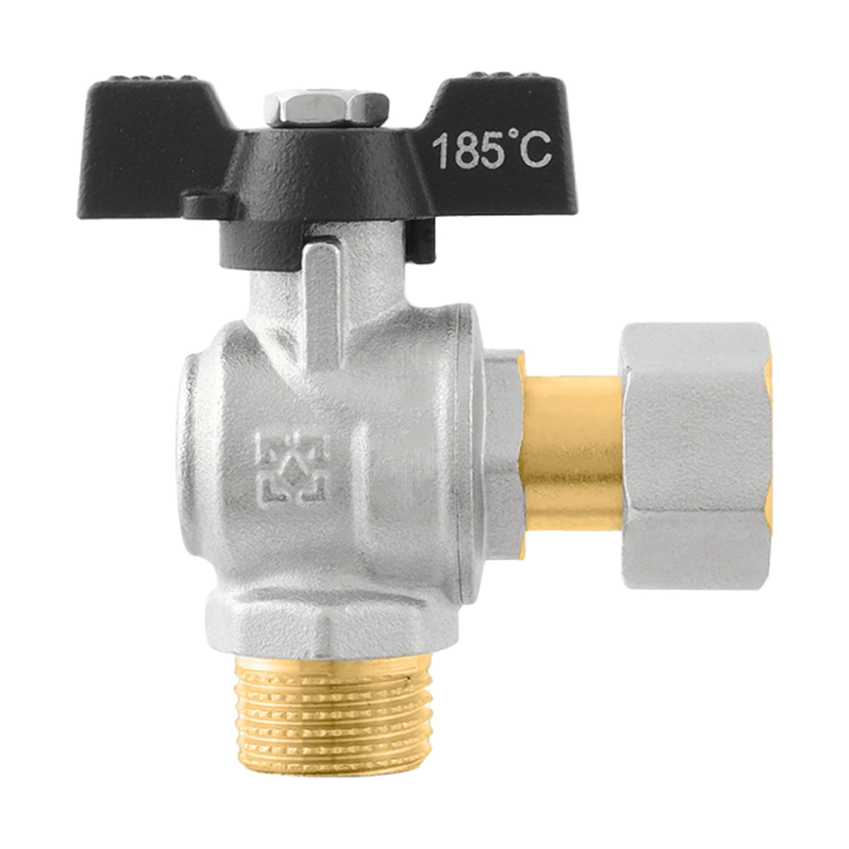 Кран шаровой с накидной гайкой угловой 1/2" НР-ВР Raftec BLACK DRBM1 DN15 PN50 латунь никелированная