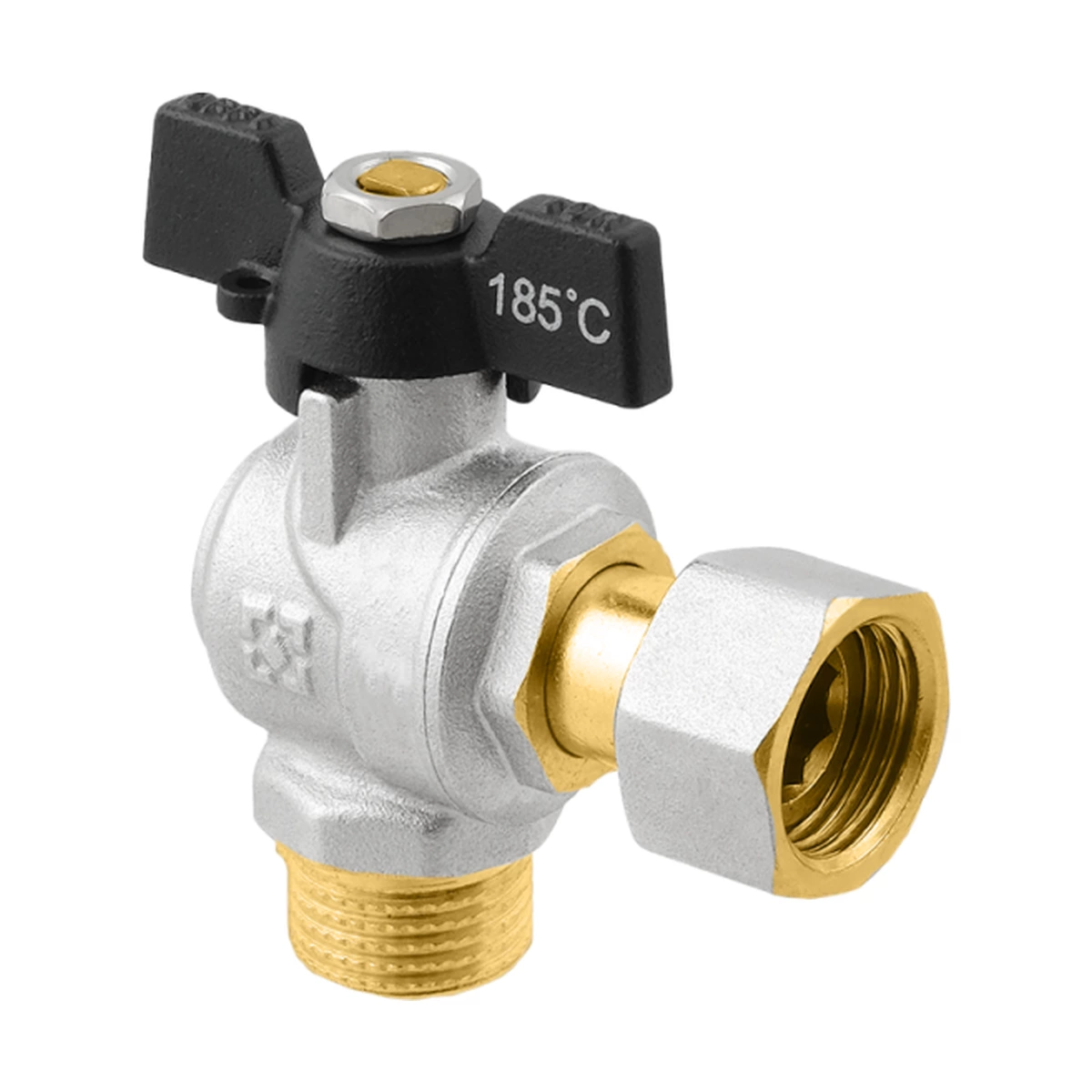 Кран шаровой с накидной гайкой угловой 1/2" НР-ВР Raftec BLACK DRBM1 DN15 PN50 латунь никелированная