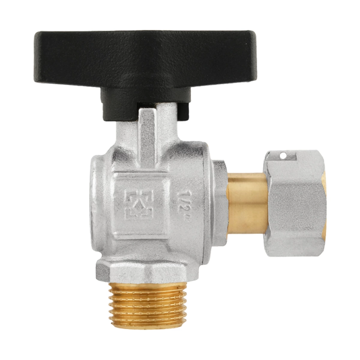 Кран шаровой с накидной гайкой угловой 1/2" НР-ВР Raftec GOLD GRGA1 DN15 PN64 латунь никелированная