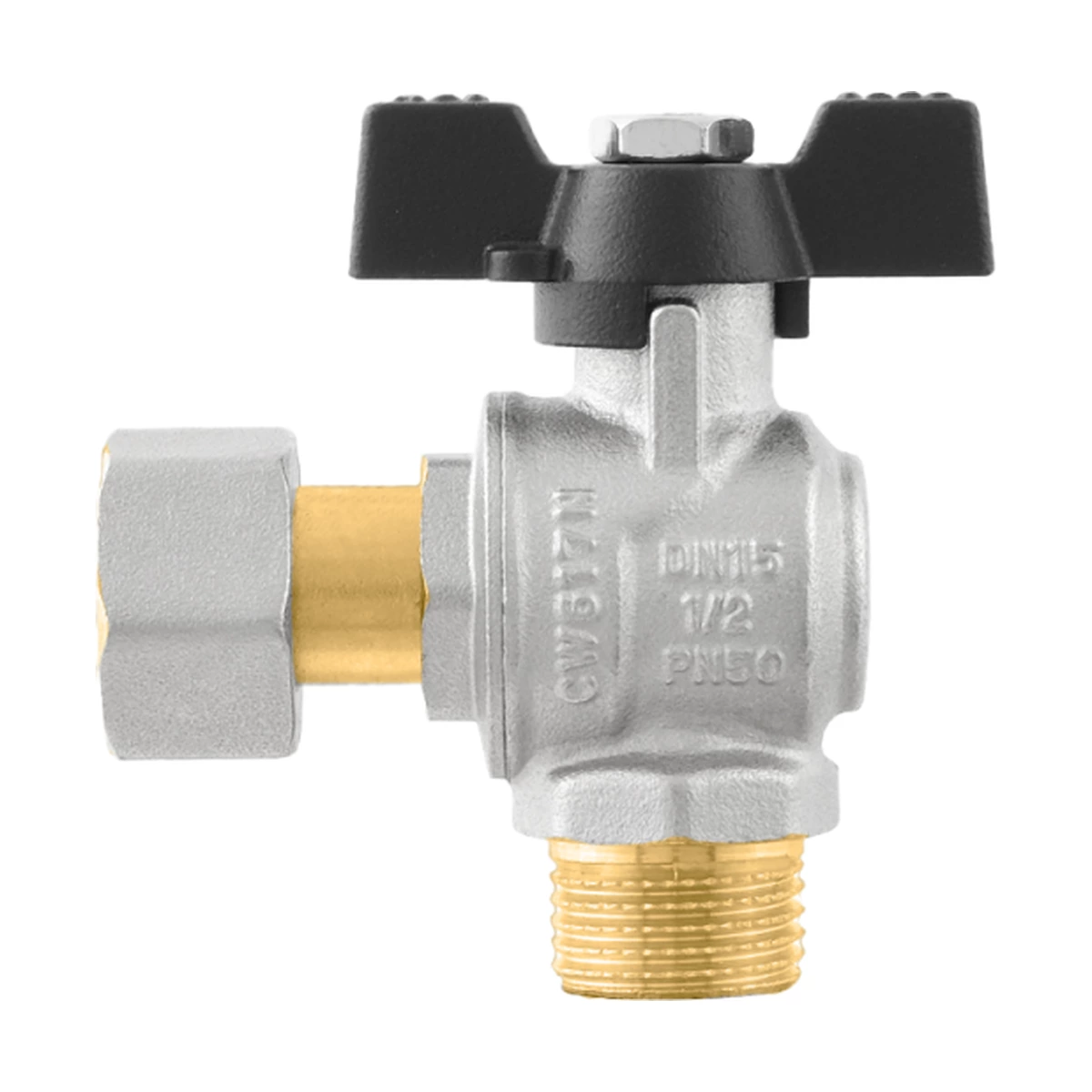 Кран шаровой с накидной гайкой угловой 3/4" НР-ВР Raftec BLACK DRBM2 DN20 PN40 латунь никелированная