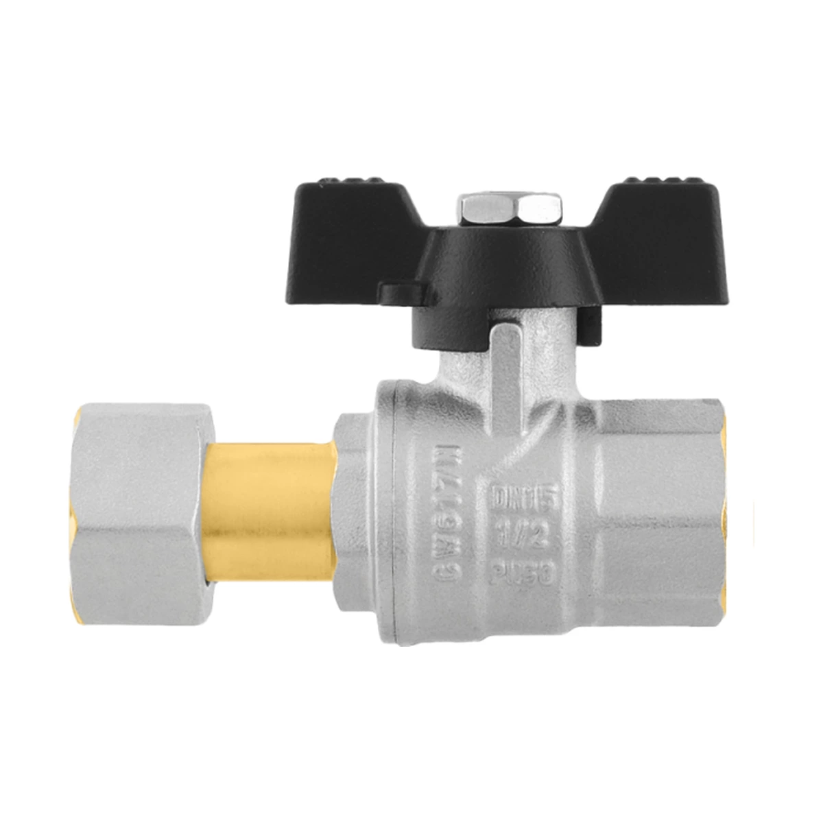 Кран шаровой с накидной гайкой прямой 1/2" ВР-ВР Raftec BLACK PRB-1 DN15 PN50 латунь никелированная