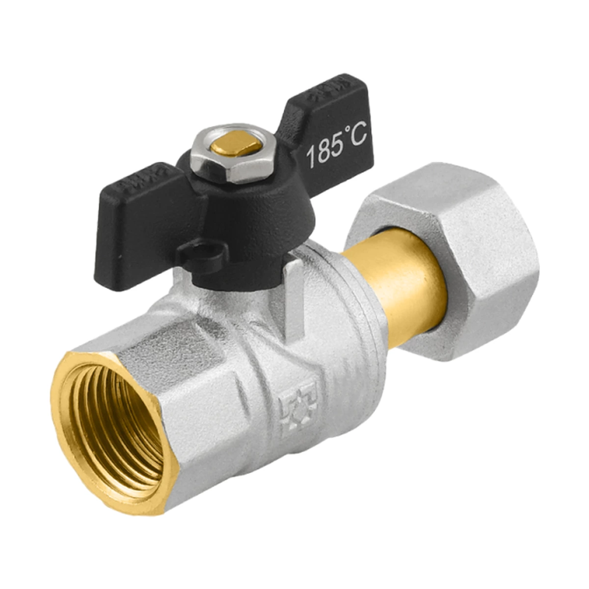 Кран шаровой с накидной гайкой прямой 1/2" ВР-ВР Raftec BLACK PRB-1 DN15 PN50 латунь никелированная