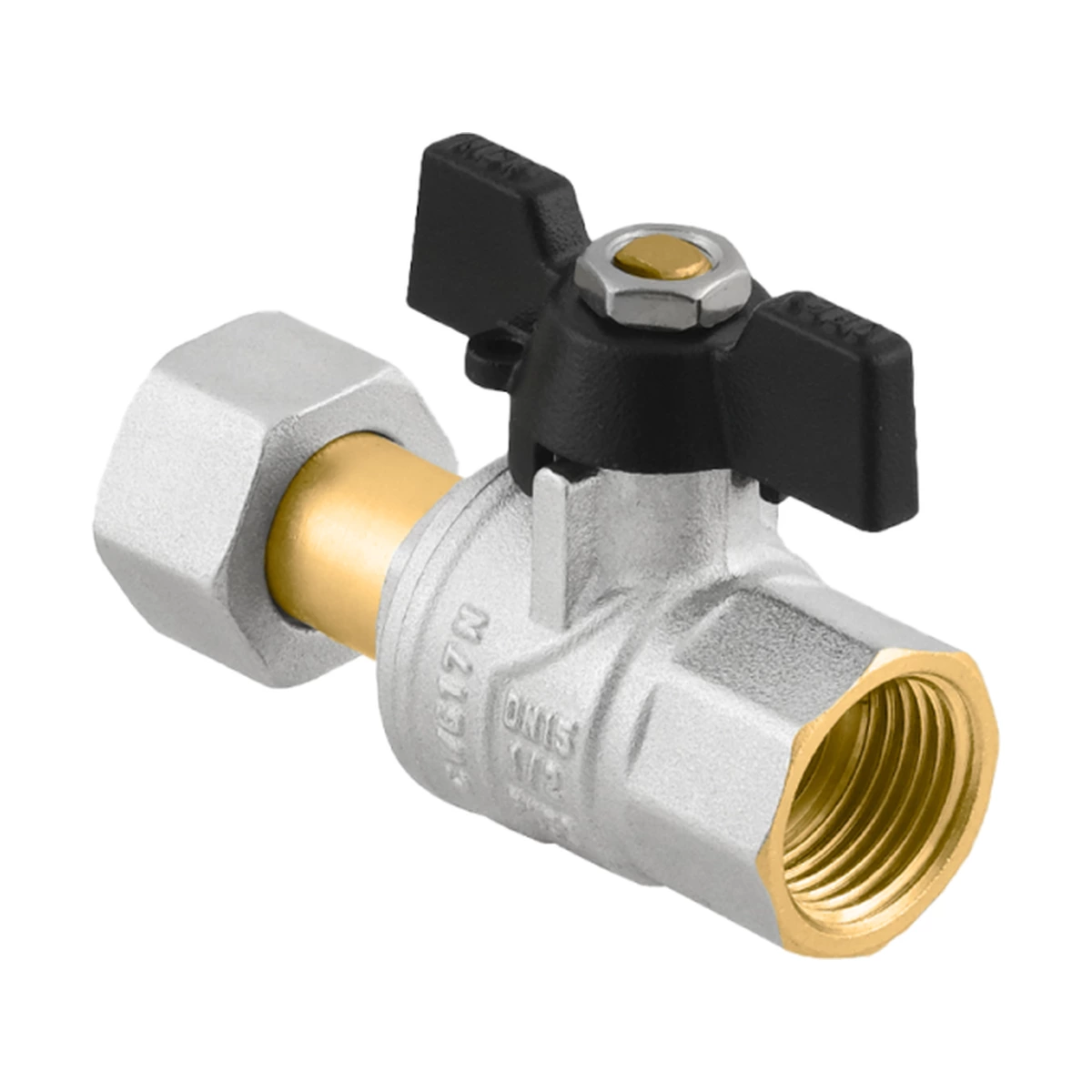 Кран шаровой с накидной гайкой прямой 1/2" ВР-ВР Raftec BLACK PRB-1 DN15 PN50 латунь никелированная