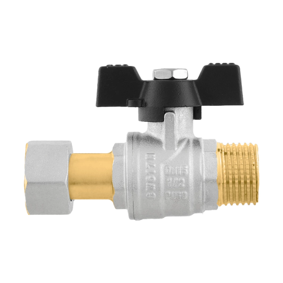 Кран шаровой с накидной гайкой прямой 1/2" НР-ВР Raftec BLACK PRBM1 DN15 PN50 латунь никелированная