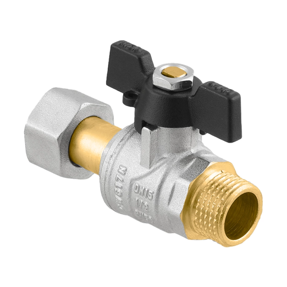 Кран шаровой с накидной гайкой прямой 1/2" НР-ВР Raftec BLACK PRBM1 DN15 PN50 латунь никелированная