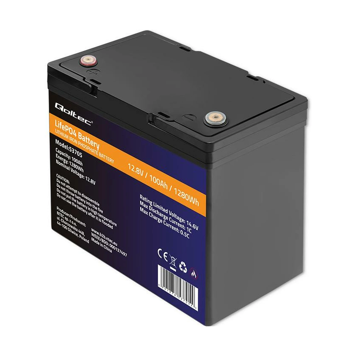 Аккумулятор LiFePO4 Qoltec 53705 12,8V 100Ah 1280Wh с BMS для ИБП и инвертора