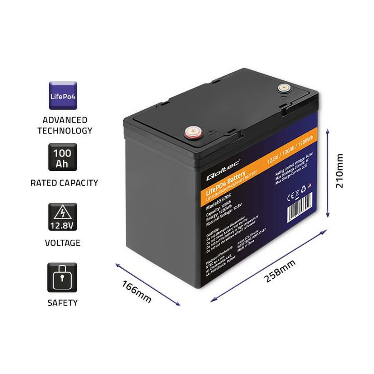 Аккумулятор LiFePO4 Qoltec 53705 12,8V 100Ah 1280Wh с BMS для ИБП и инвертора