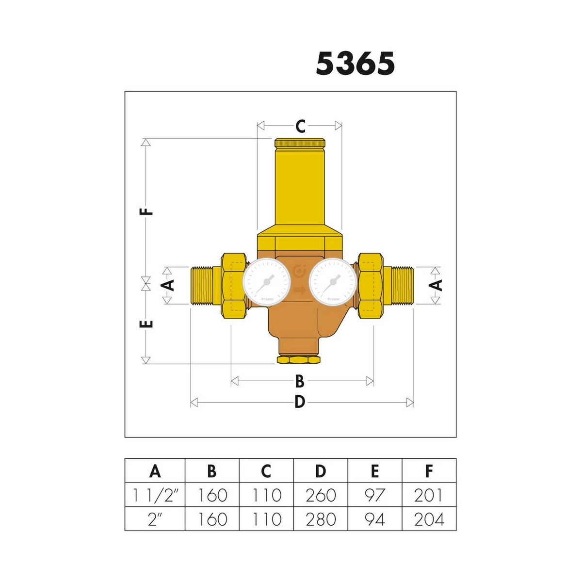 Бронзовий редуктор тиску Caleffi 5365 536580 1 1/2″ з американками, 0,5-6 бар, під 2 манометри