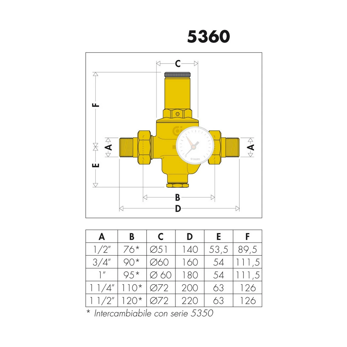 Редуктор давления воды Caleffi 5360 536060 1″ с американками, 0,5-6 бар, до 80 °C, под манометр