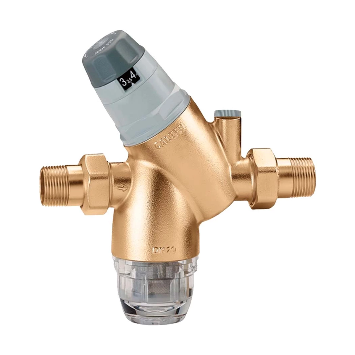 Редуктор давления с фильтром Caleffi 5351 535150 3/4″ с американками, шкала 1-6 бар, прозрачная колба, под манометр