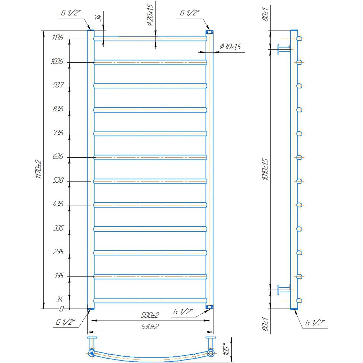 Полотенцесушитель водяной Mario INOX Классик 1170x530/500 белый глянцевый из нержавеющей стали