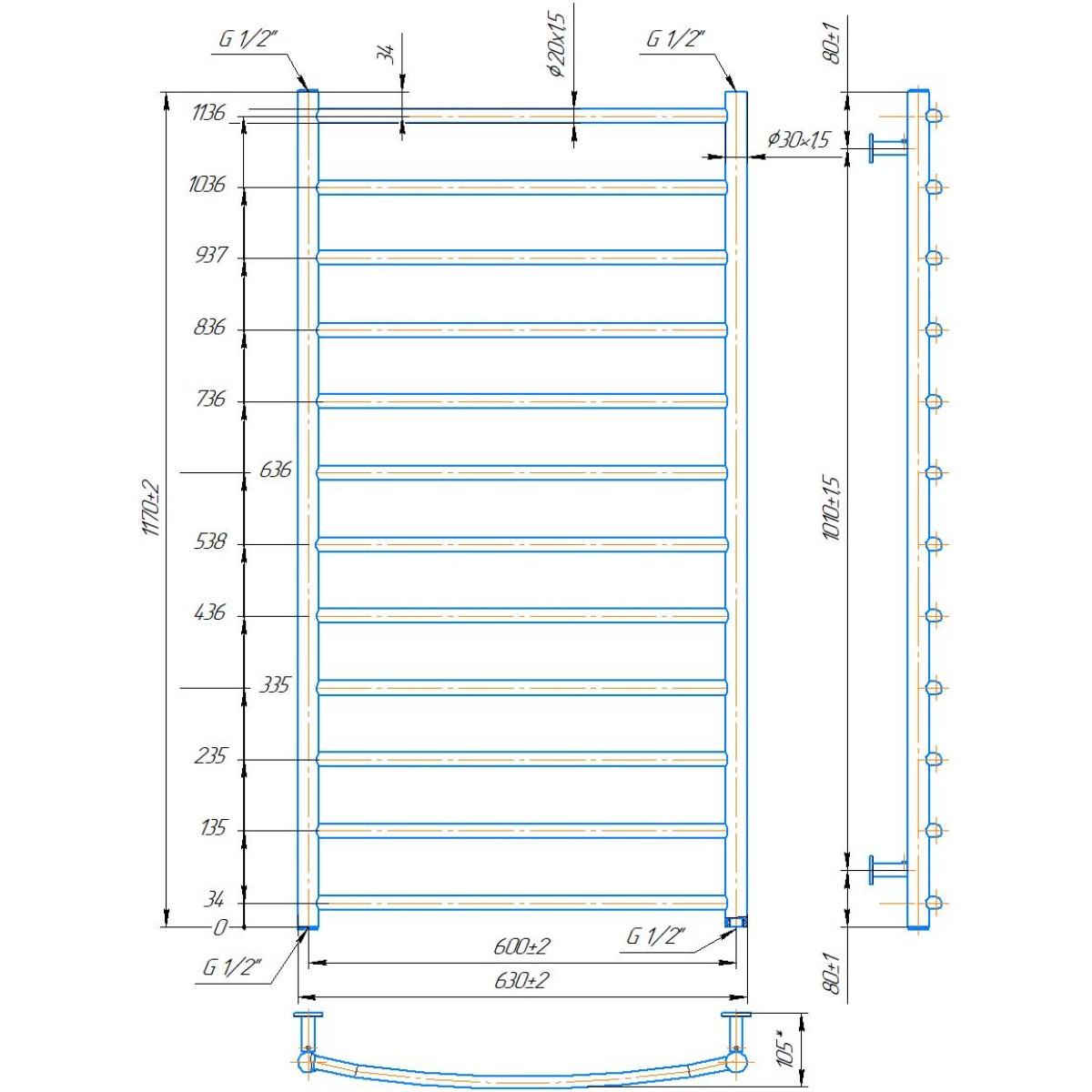 Полотенцесушитель водяной Mario INOX Классик 1170x630/600 из полированной нержавеющей стали
