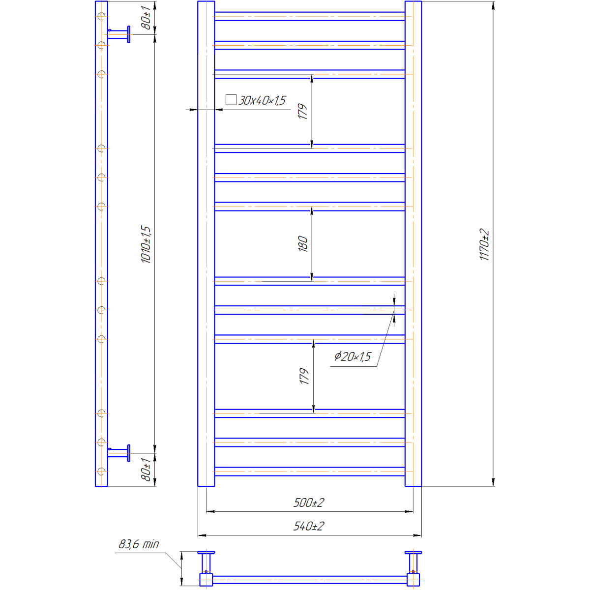 Полотенцесушитель водяной Mario INOX Премиум Классик 1170x540/500 из полированной нержавеющей стали
