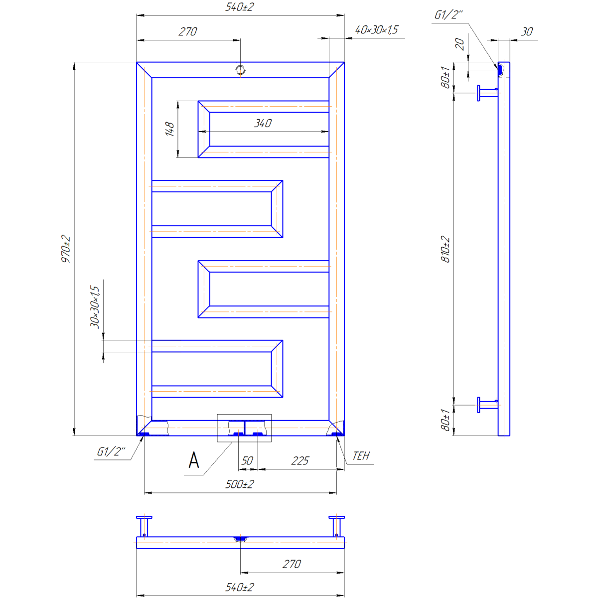 Полотенцесушитель водяной Mario INOX Талия 970x540/500 из полированной нержавеющей стали