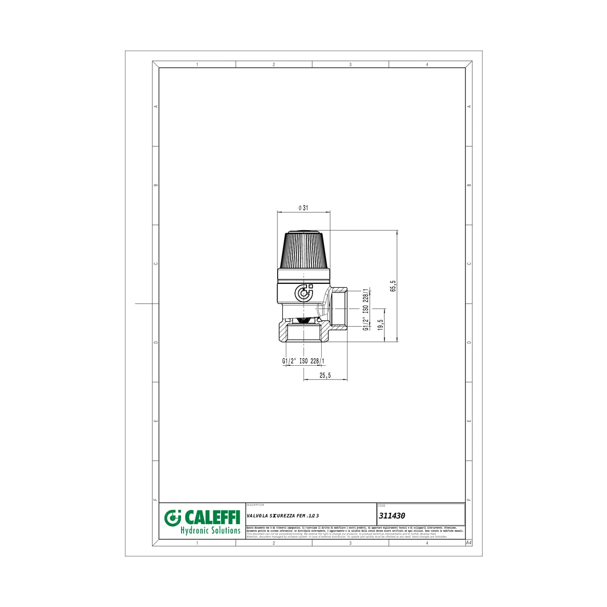 Предохранительный клапан Caleffi 311 311430 1/2″ ВР x 1/2″ ВР, 3 бар, мембранный, до 110 °C