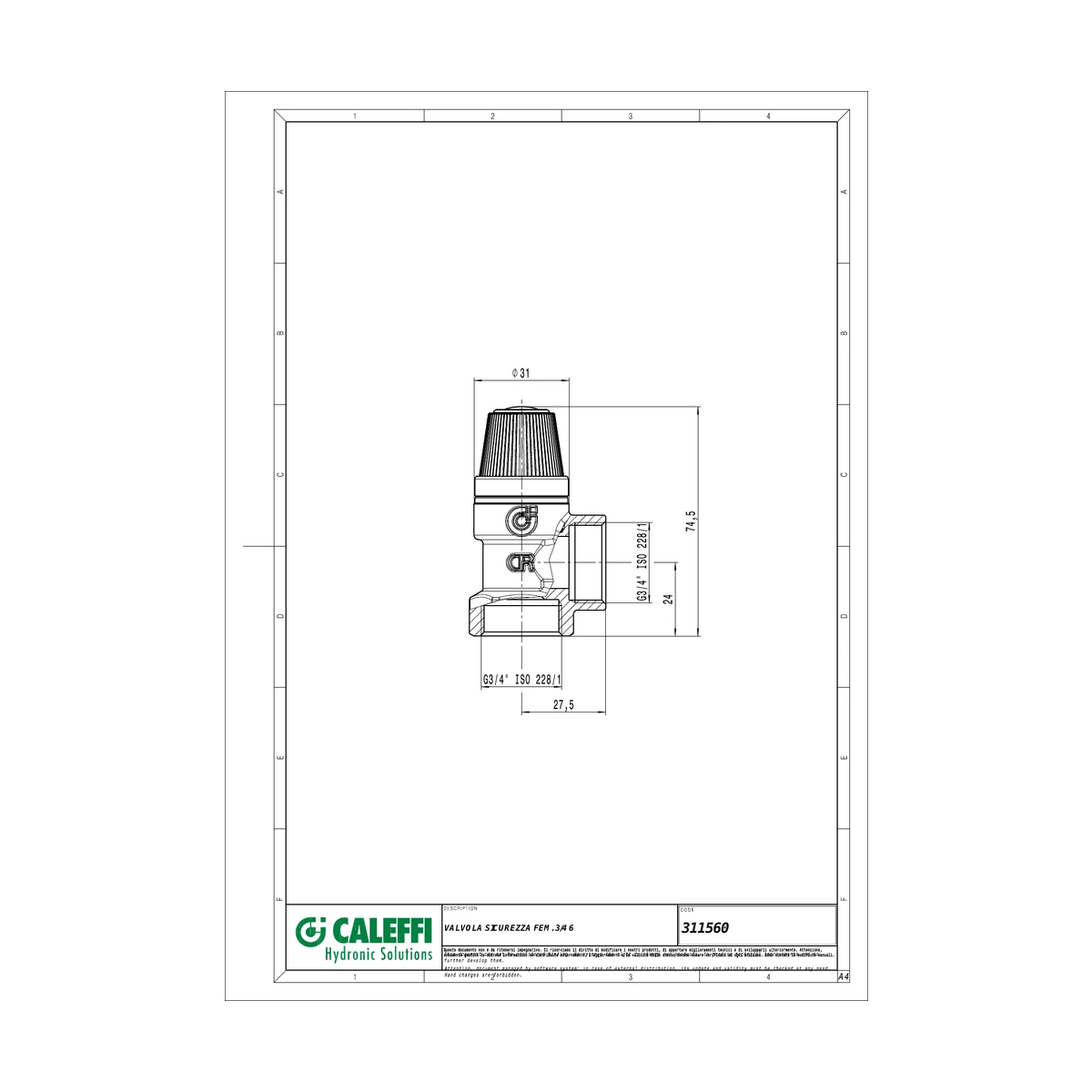Предохранительный клапан Caleffi 311 311560 3/4″ ВР x 3/4″ ВР, 6 бар, мембранный, до 110 °C
