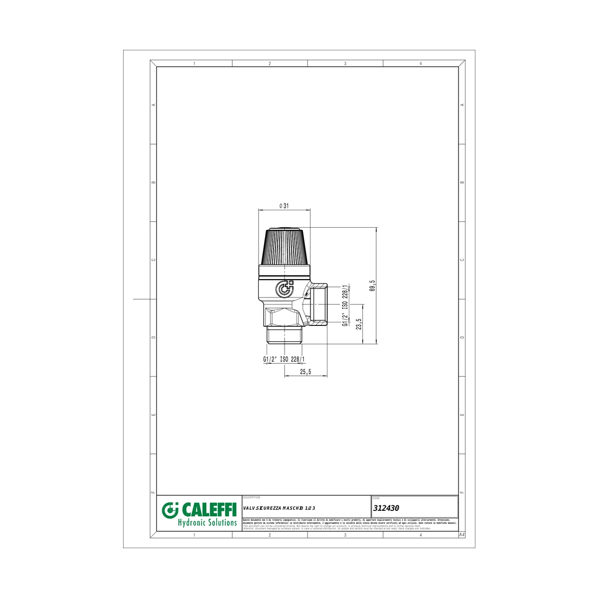 Предохранительный клапан Caleffi 312 312430 1/2″ НР x 1/2″ ВР, 3 бар, мембранный, до 110 °C