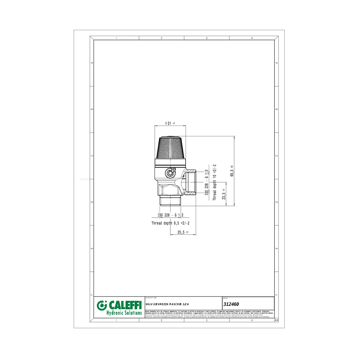 Предохранительный клапан Caleffi 312 312460 1/2″ НР x 1/2″ ВР, 6 бар, мембранный, до 110 °C