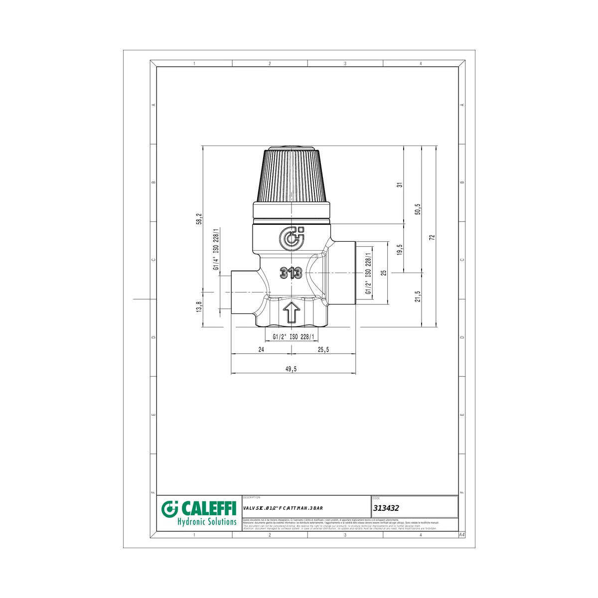 Предохранительный клапан Caleffi 313 313432 1/2″ ВР x 1/2″ ВР, 3 бар, с отверстием под манометр
