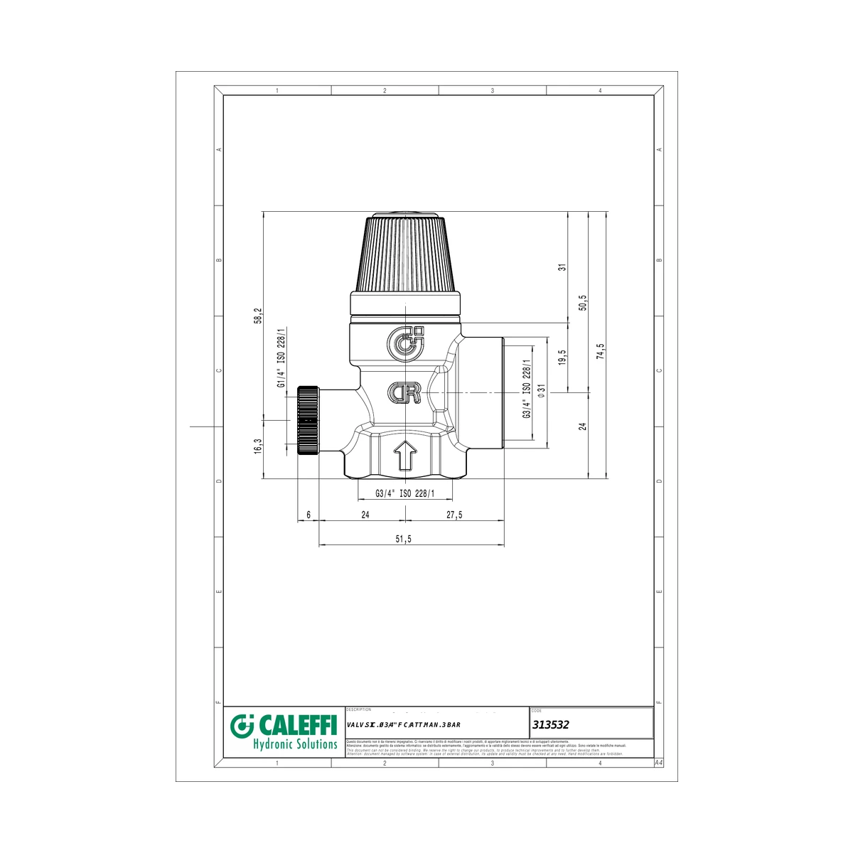 Предохранительный клапан Caleffi 313 313532 3/4″ ВР x 3/4″ ВР, 3 бар, с отверстием под манометр
