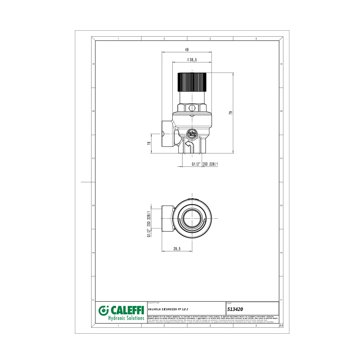 Предохранительный клапан Caleffi 513 513420 1/2″ ВР x 1/2″ ВР, 2 бар, мембранный, до 110 °C