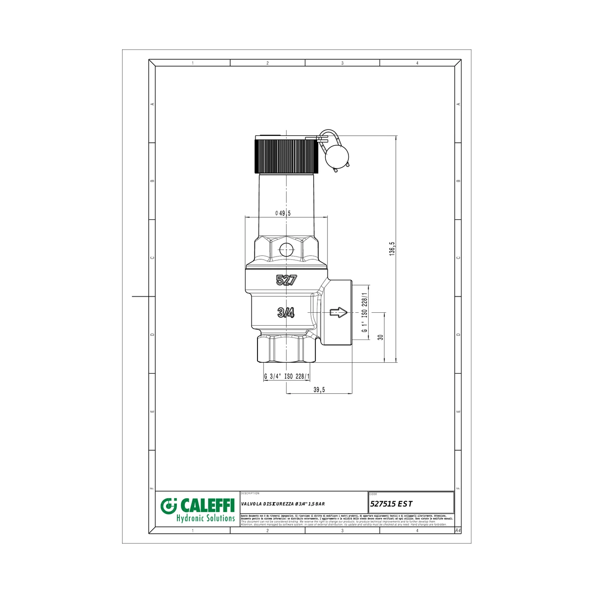 Предохранительный клапан Caleffi 527 EST 527515 3/4″ ВР x 1″ ВР, 1,5 бар, мембранный, до 110 °C