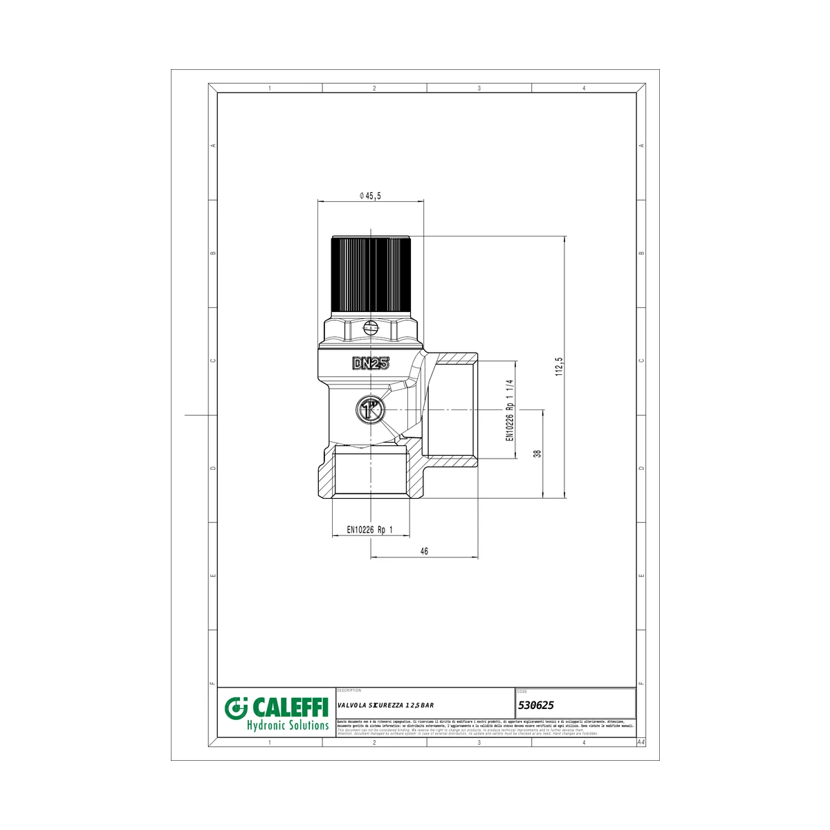 Предохранительный клапан Caleffi 530 530625 1″ ВР x 1 1/4″ ВР, 2,5 бар, для отопления до 120 °C